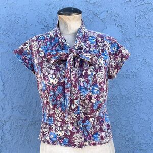 80s Floral Blouse Cottagecore in Womens Small Country Top with Bow